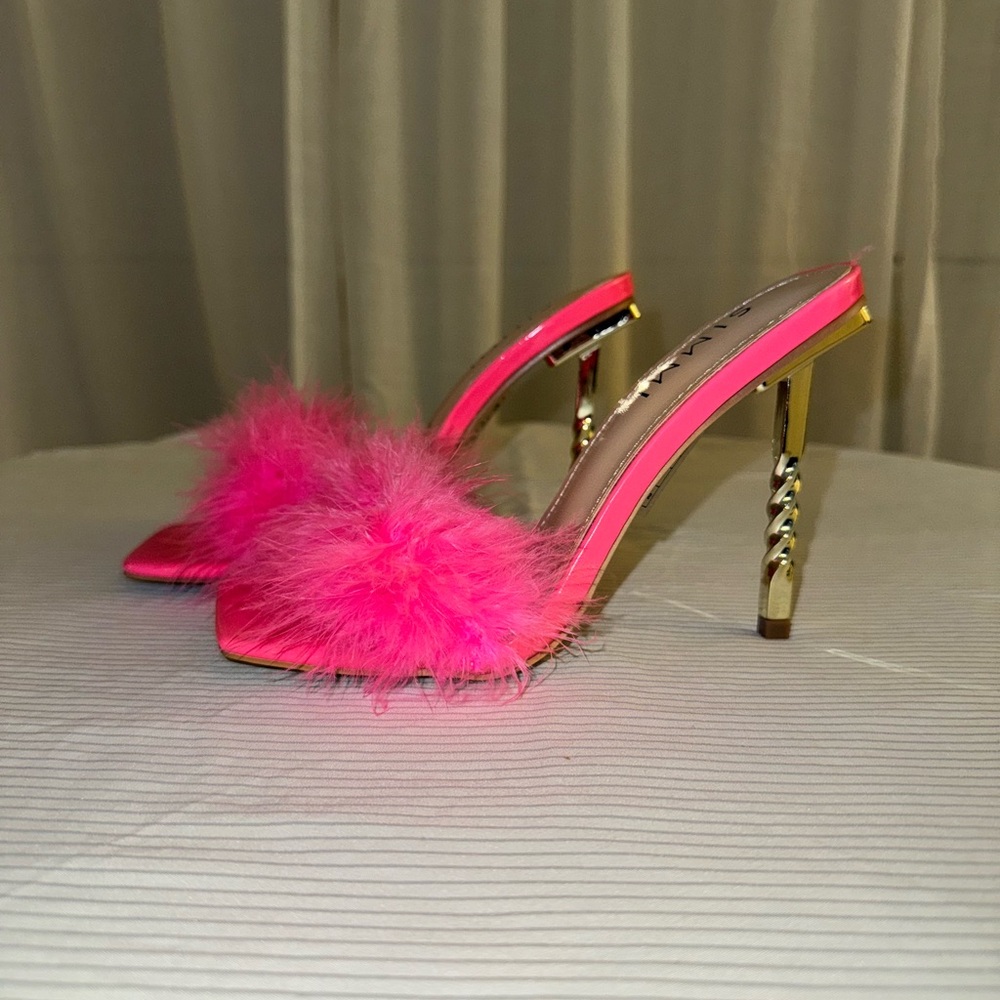 Hot Pink Fluffy Heeled Sandals - Picture 4 of 4